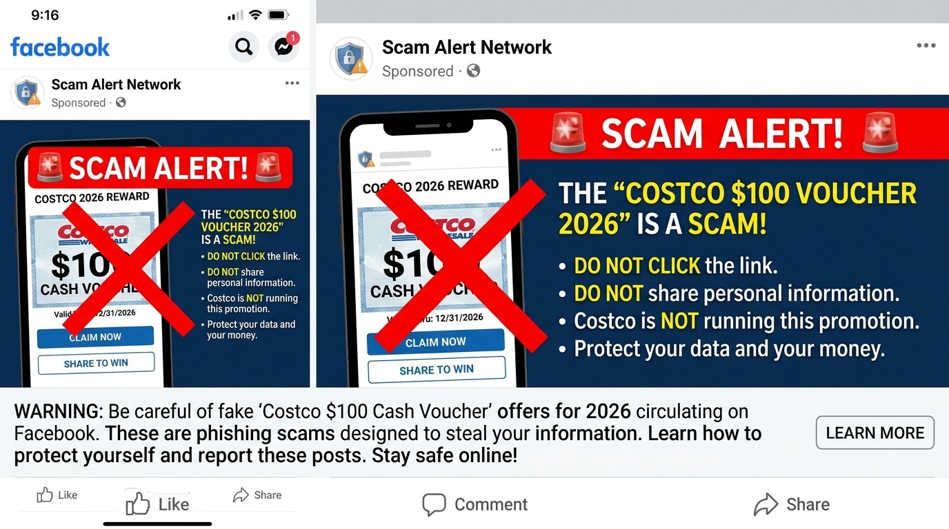 Costco $100 Cash Voucher 2026 scam warning Facebook ad