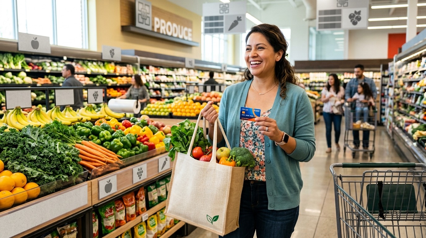 Food Voucher 2026 USA Mom buying groceries with EBT card