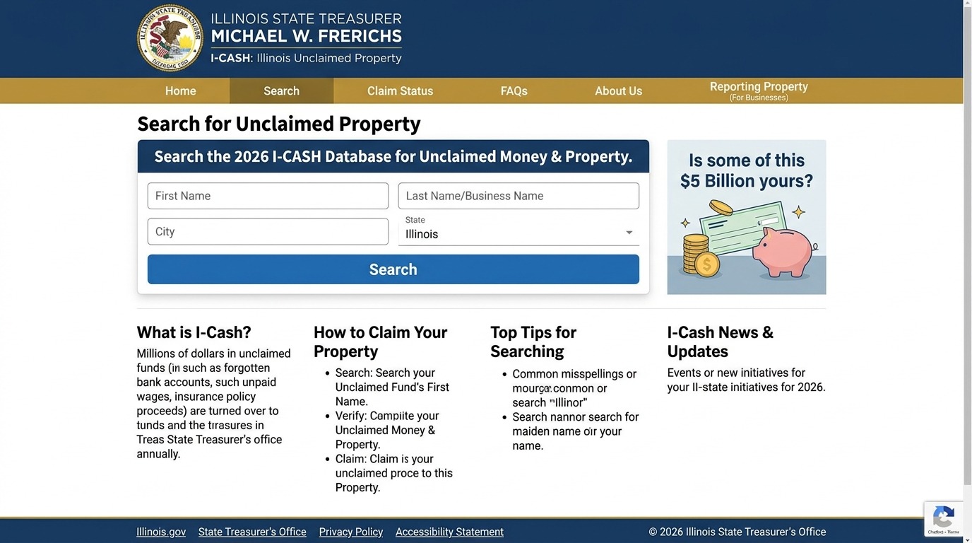 Illinois I-Cash search page unclaimed money 2026