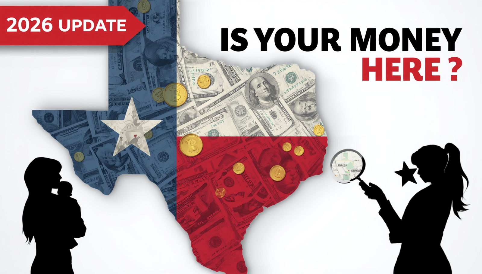 Texas mom with baby checking unclaimed money on laptop at claimit.texas.gov website showing $347 found in 2026