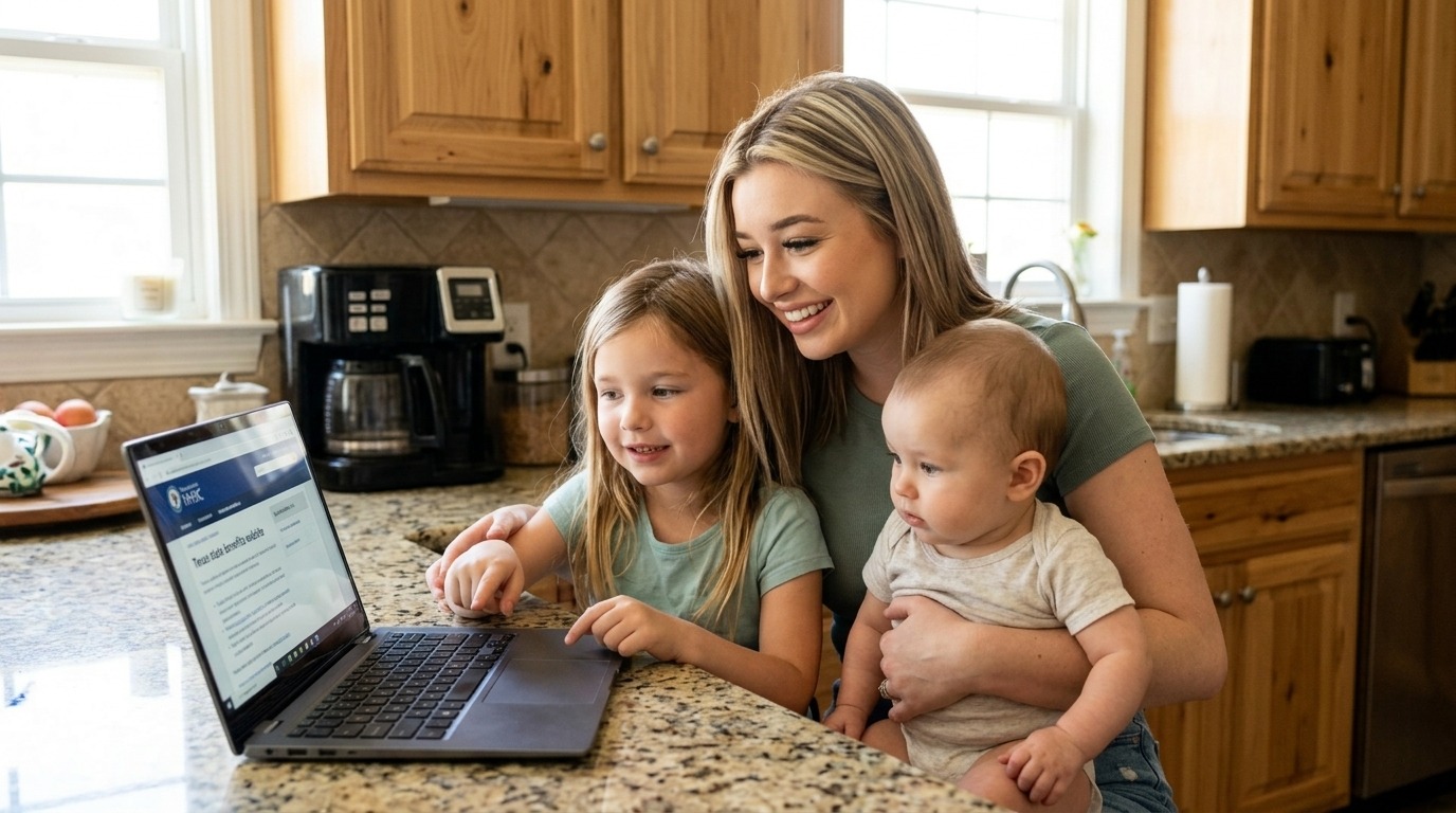 Texas Mom Olivia and daughter Emma checking Texas Unclaimed Money 2026 on laptop