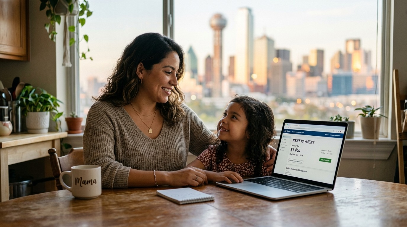 Dallas mom checking Bill Help Dallas 2026 rent assistance on laptop