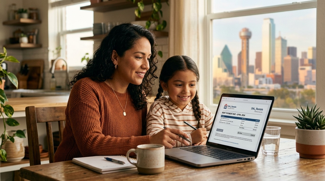 Dallas mom checking Bill Help Dallas 2026 rent assistance on laptop