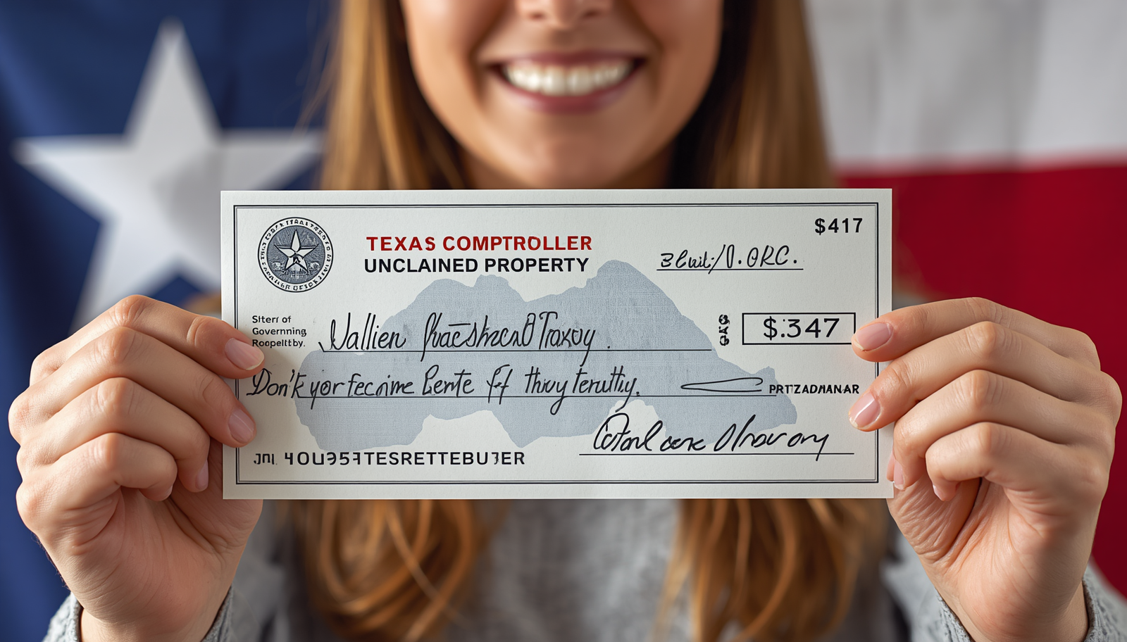 Texas unclaimed money check from Texas Comptroller for $347 received by mom in 2026 proof