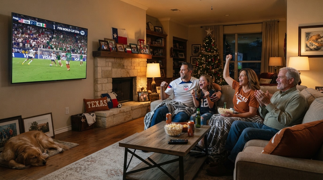 Family watching FIFA World Cup 2026 Texas free on TV