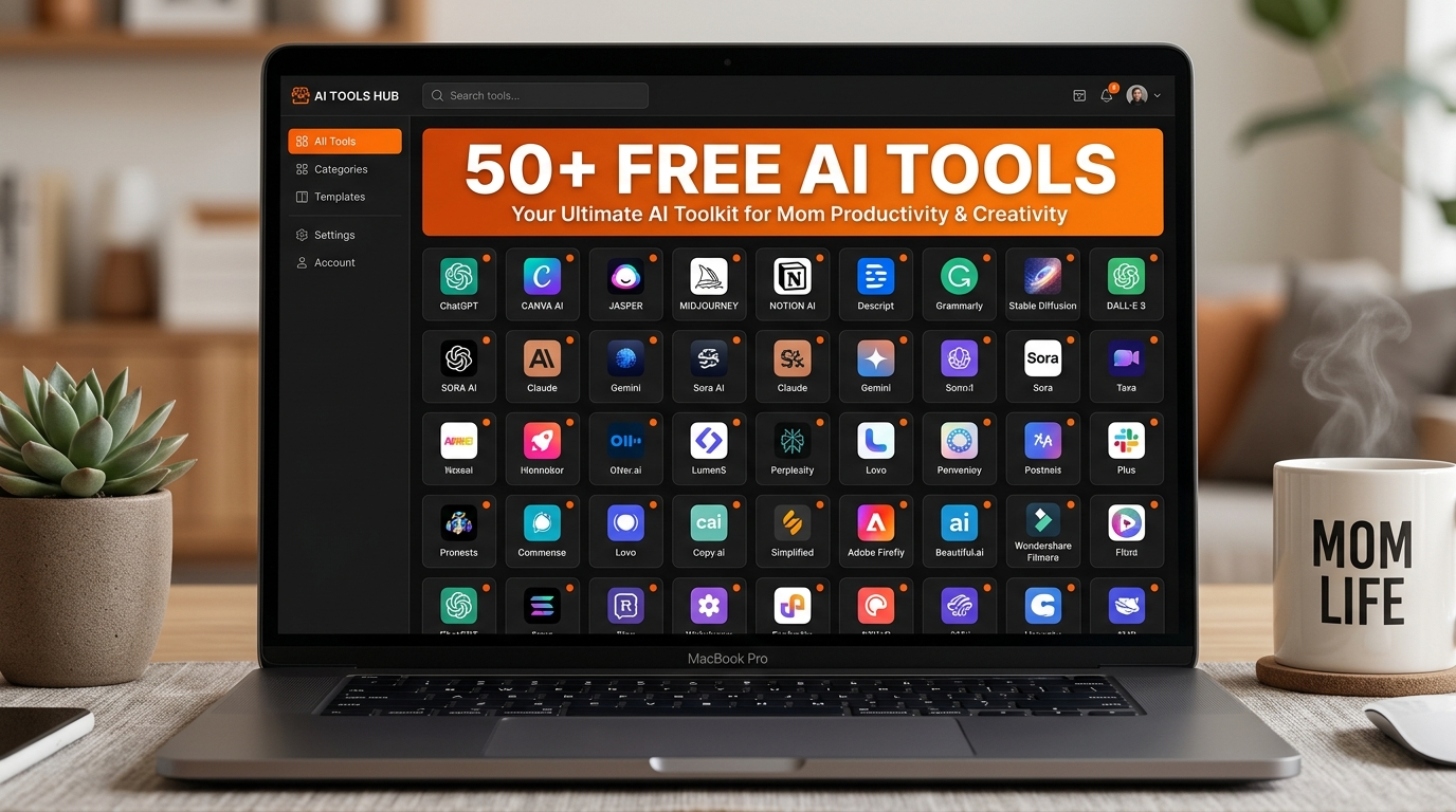 Dashboard of 50+ free AI tools for moms to earn money online from home