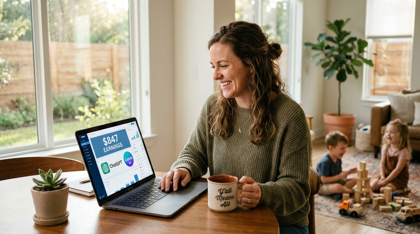 Texas mom working on laptop with AI tools to earn money from home while kids play