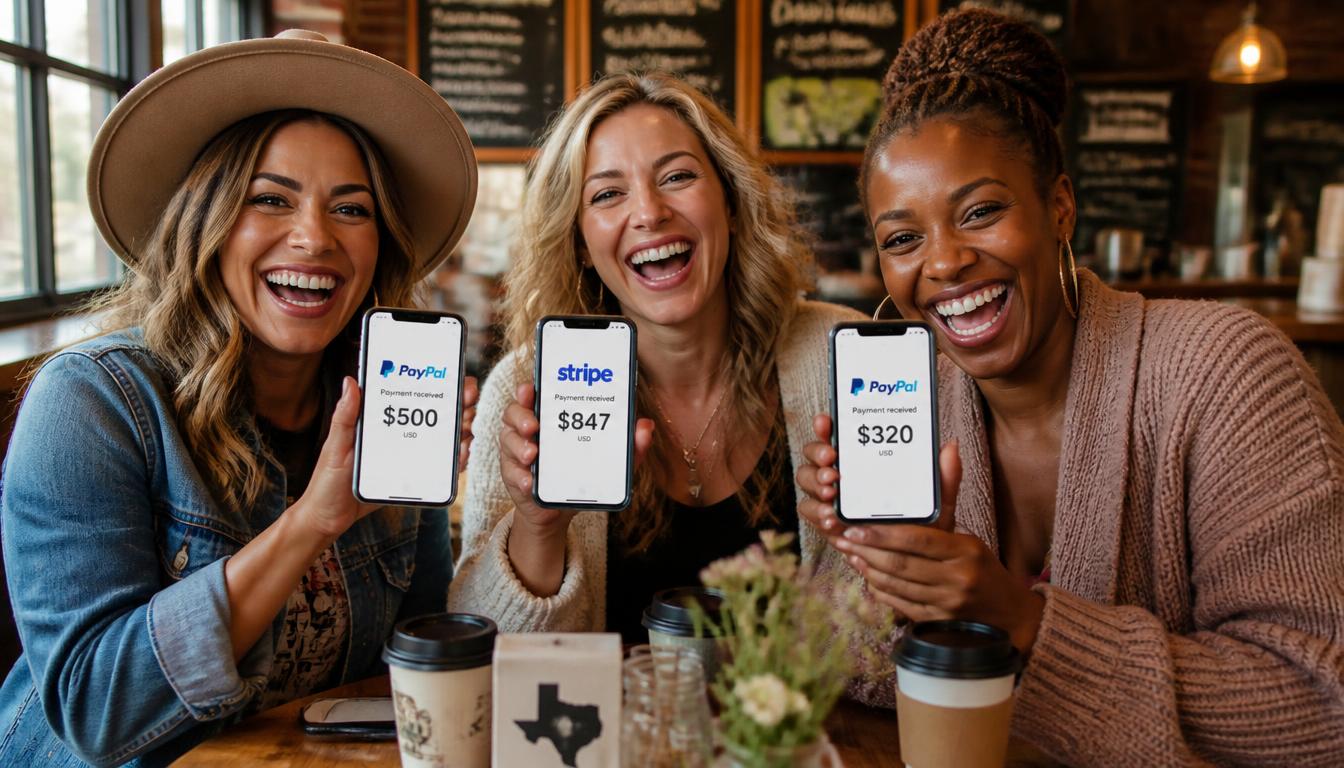 Group of happy Texas moms celebrating money earned with AI tools from home
