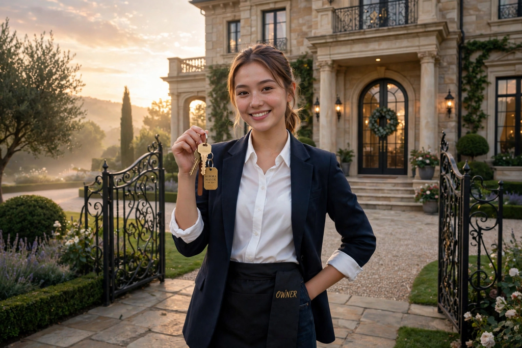 former maid now owner holding keys of luxury mansion in Austin Texas from maid to millionaire inspirational justice story