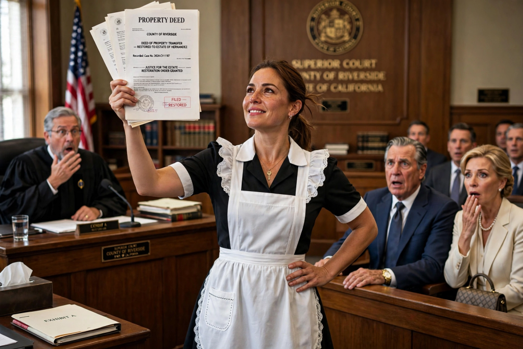 maid holding property deed property transfer document in Texas superior court winning justice against rich family fraud