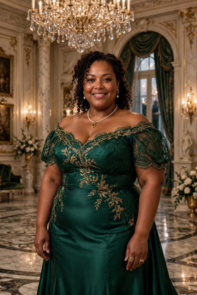 plus size maid now elegant heiress standing proudly in luxury mansion ballroom after justice transformation inspirational