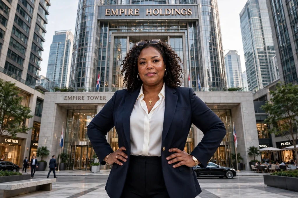 plus size secret billionaire maid now confident CEO owner standing in front of Empire Holdings Empire Tower skyscraper Austin Texas revenge success story maid to billionaire